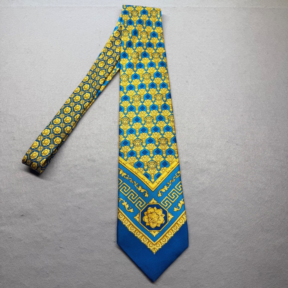 Gianni Versace Tie Mens OS Blue Gold Medusa Greek Key Baroque Silk Italy